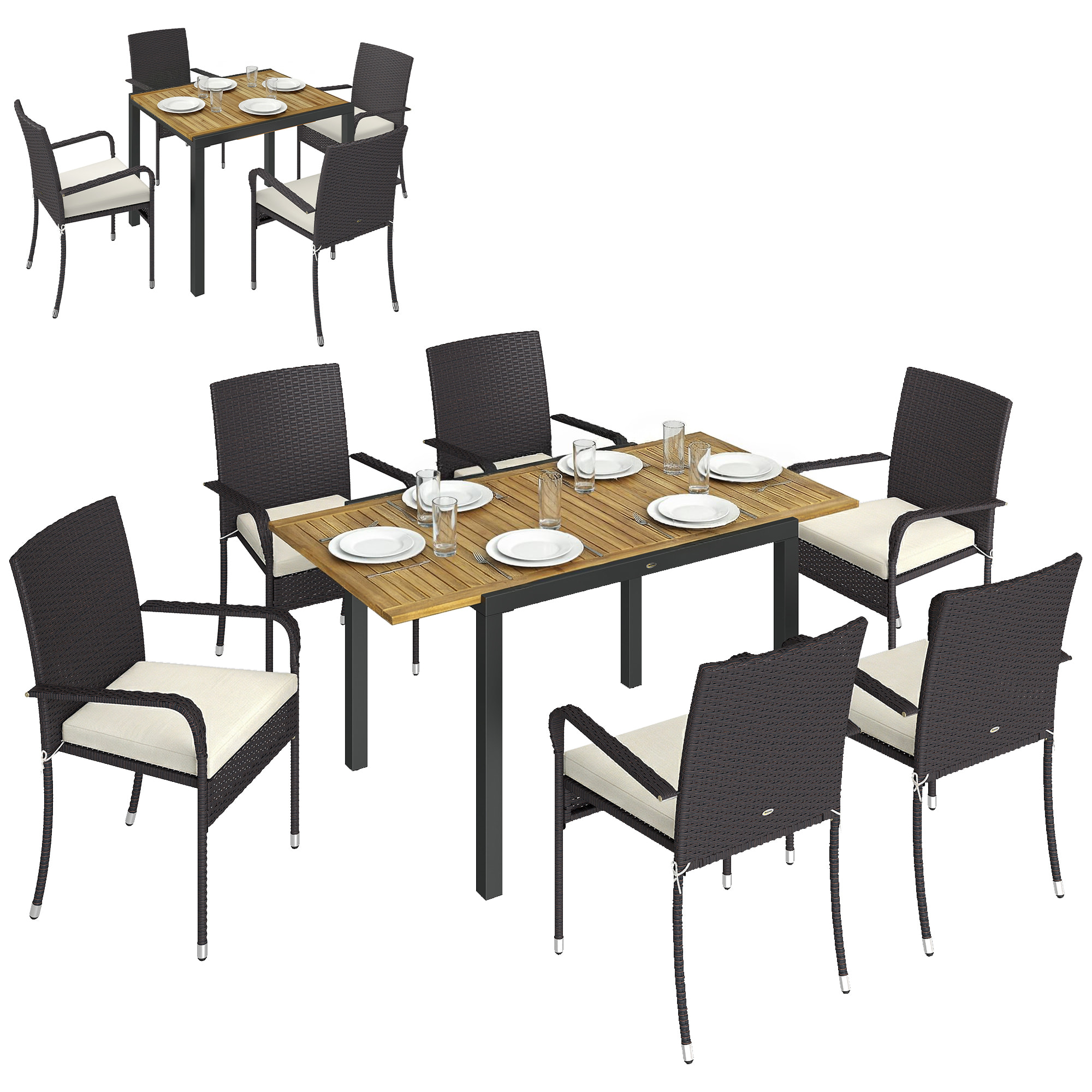 Conjunto de Mesa y Sillas Jardín de Ratán de 7 Piezas, Muebles Jardín Exterior con Mesa Extensible Tablero Madera y 6 Sillas Apilables con Cojines Extraíbles, Marco de Acero Resistente, Crema