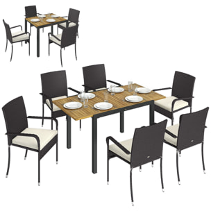 Conjunto de Mesa y Sillas Jardín de Ratán de 7 Piezas, Muebles Jardín Exterior con Mesa Extensible Tablero Madera y 6 Sillas Apilables con Cojines Extraíbles, Marco de Acero Resistente, Crema