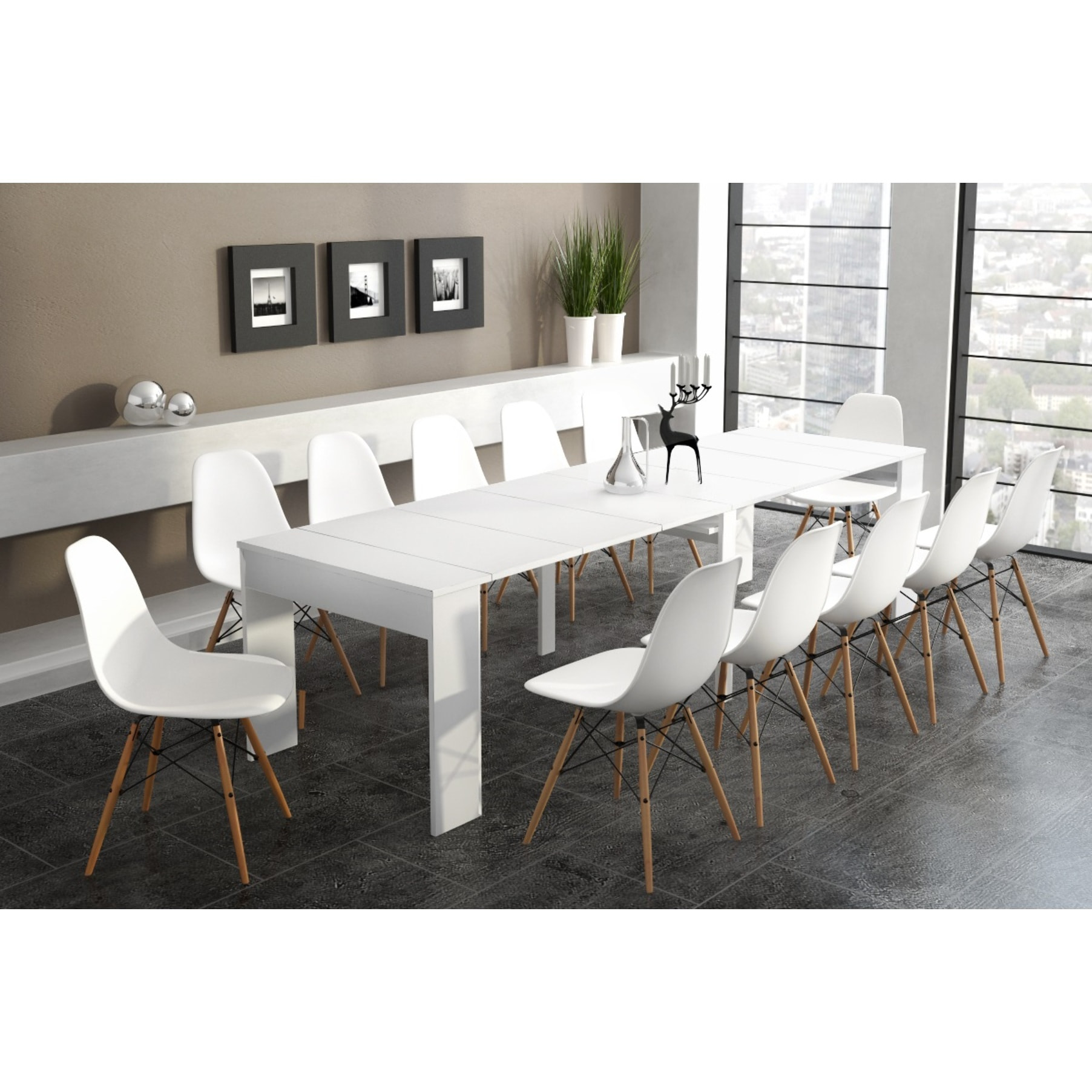Consolle Tavolo Allungabile Estensibile Moderno Da 50 A 302 cm 6 Allunghe Per 14 posti Guide In Metallo Salvaspazio Soggiorno Salotto Cucina Bianco