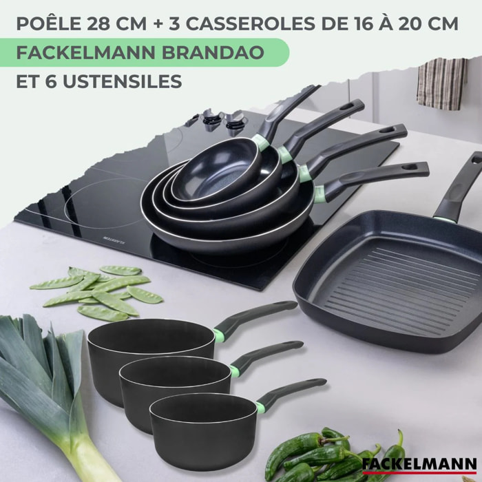 Set de 1 poêle 28 cm, 3 casseroles antiadhésives céramique 16, 18 et 20 cm et 6 ustensiles Fackelmann Brandao