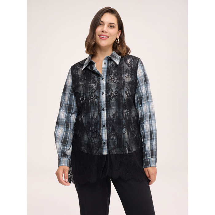 Fiorella Rubino - Camicia check con inserti in pizzo floreale - Nero