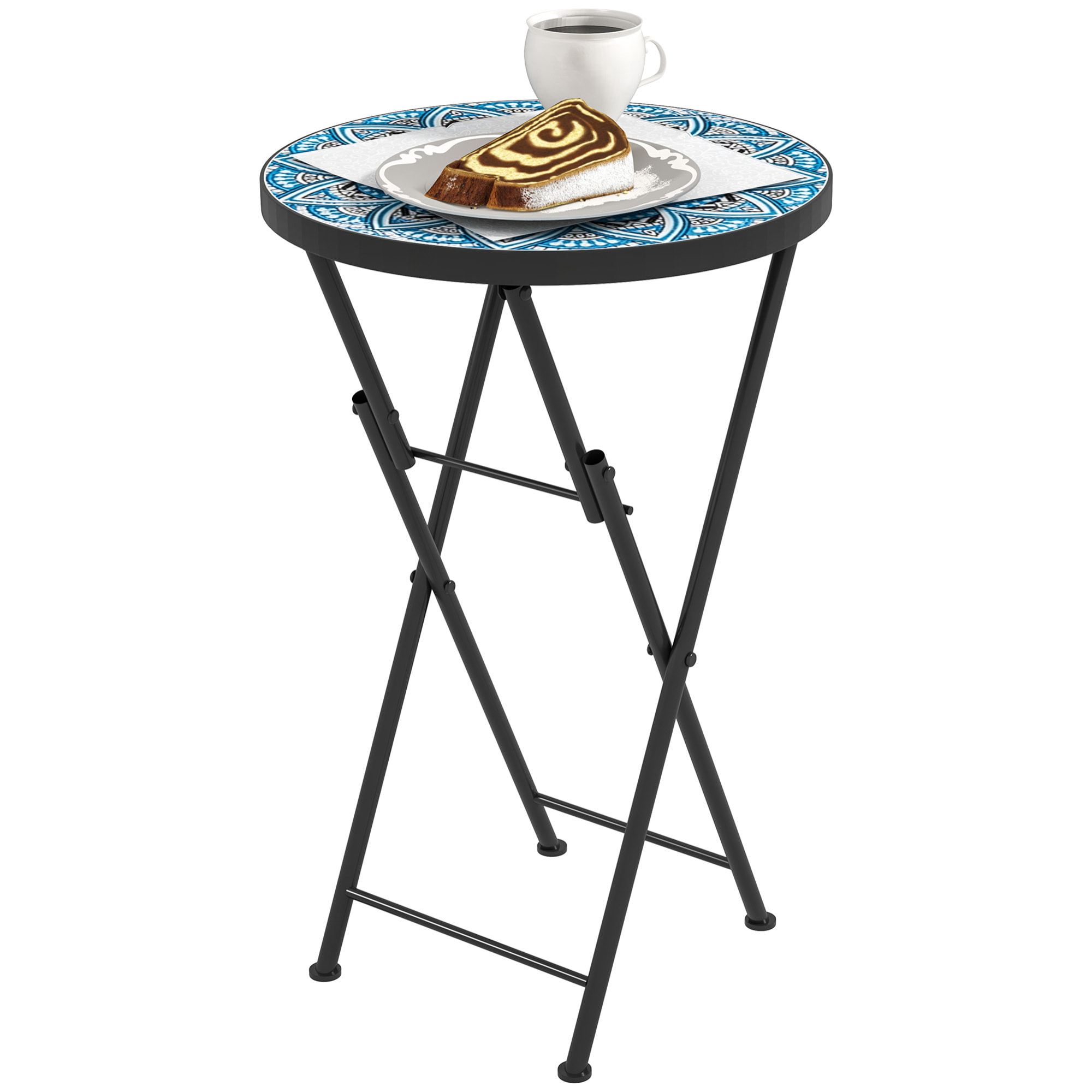 Mesa Auxiliar Redonda Mesa de Jardín Exterior Plegable con Encimera de Mosaico y Almohadillas Antideslizantes Mesa para Exterior Terraza Patio Ø35,5x55 cm Azul