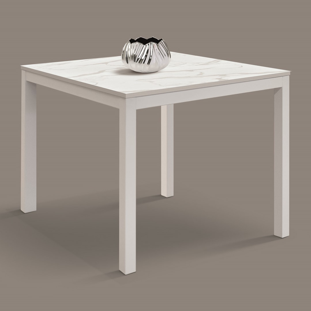 Tavolo TROPEA in legno, finitura marmo statuario e metallo verniciato bianco, allungabile 90x90 cm - 180x90 cm