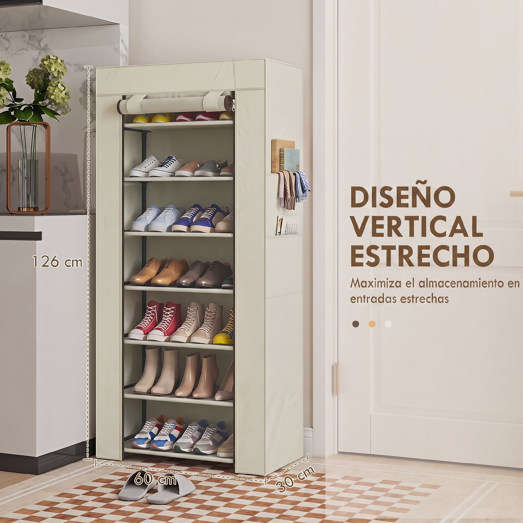 HOMCOM Zapatero de 7 Niveles, Zapatero Estrecho de Acero con Funda de Tela no Tejida, 2 Bolsillos Laterales, Estantería para 14-21 Pares de Zapatos, para Recibidor, Entrada, Pasillo, Beige