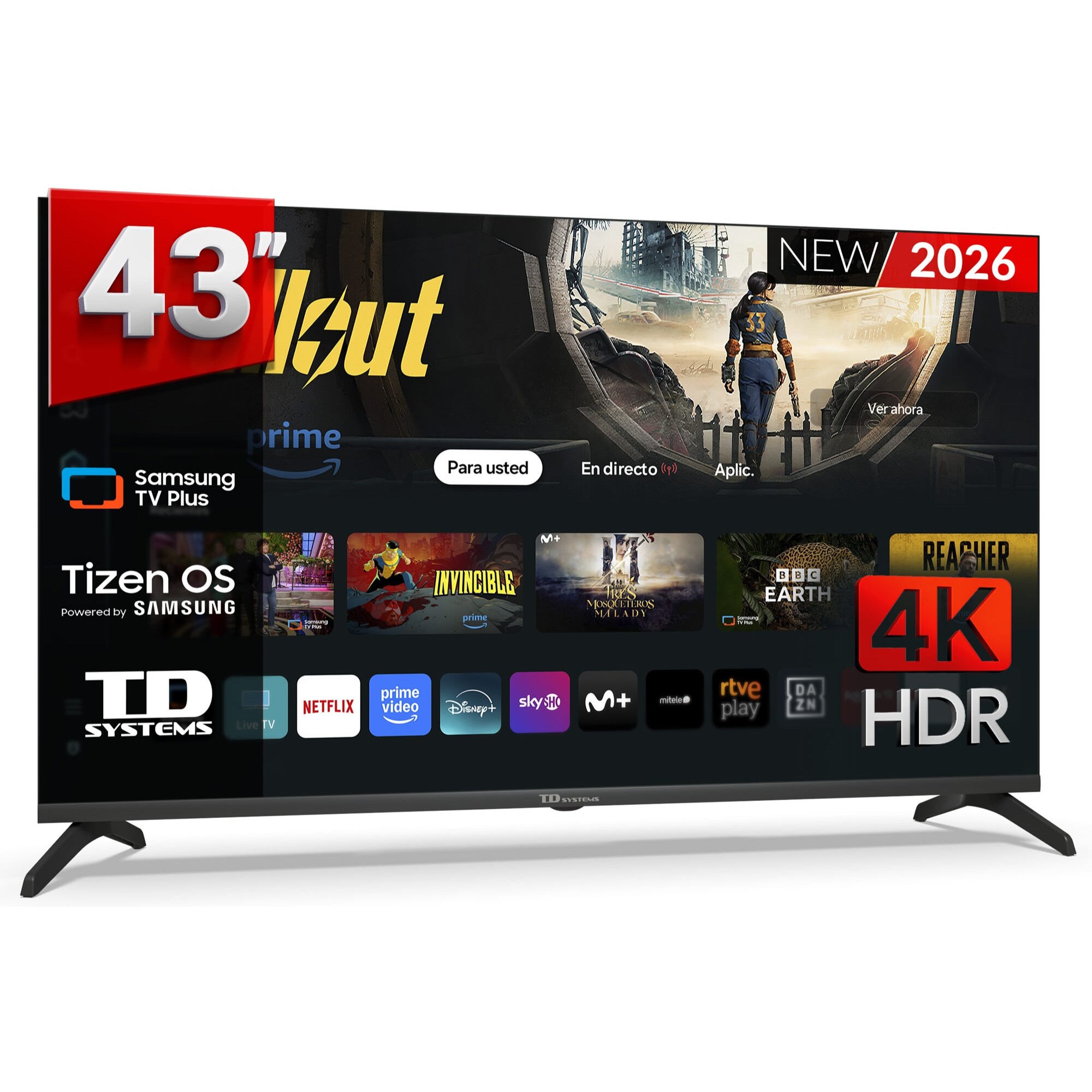 TD Systems - Smart TV 43 pulgadas 4K. Samsung TV Tizen OS 8.0. Sintonizador triple (DVB-T2/C/S2). Televisores con Samsung Smart TV Gaming Hub. Televisión del 2026. Compatible con Prime Video, Netflix, Movistar+, HBO, y más Apps - M43C22TIZEN