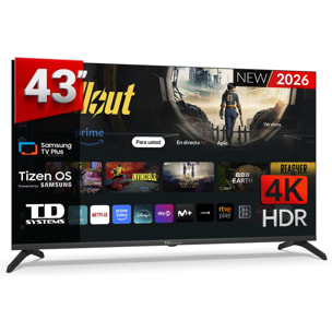 TD Systems - Smart TV 43 pulgadas 4K. Samsung TV Tizen OS 8.0. Sintonizador triple (DVB-T2/C/S2). Televisores con Samsung Smart TV Gaming Hub. Televisión del 2026. Compatible con Prime Video, Netflix, Movistar+, HBO, y más Apps - M43C22TIZEN