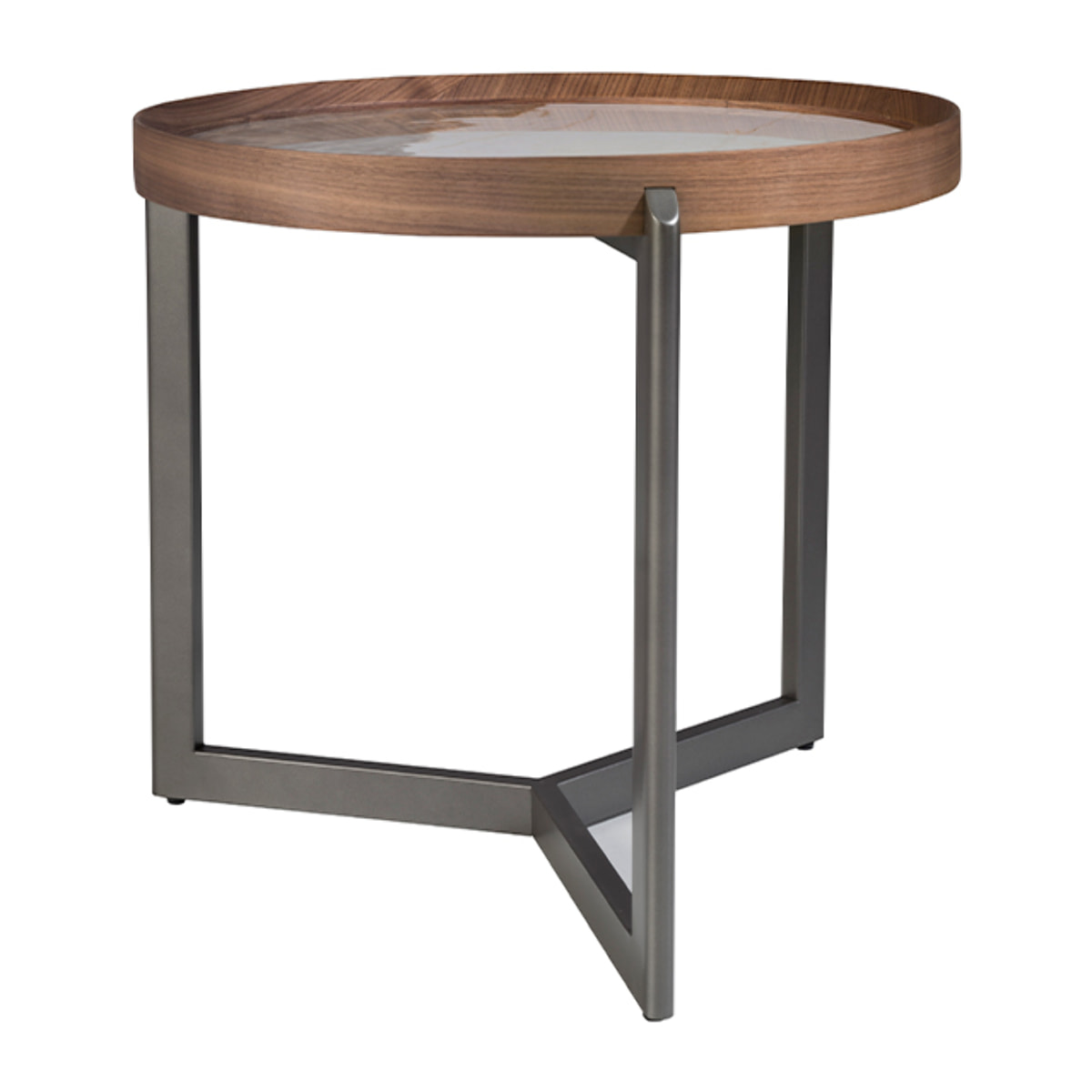 Mesa rincón redonda de madera chapada en nogal natural y tapa de mármol porcelánico blanco con vetas en tonos tierra en brillo 62x62x56cm