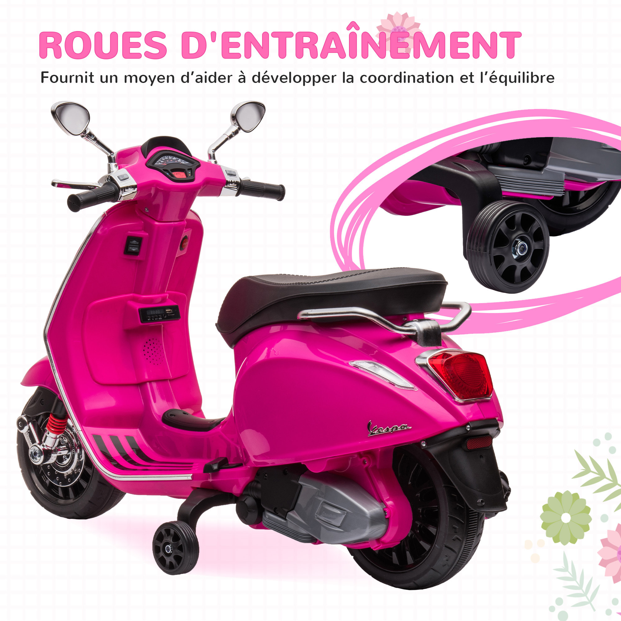 Scooter électrique enfant Vespa 6V - musiques, feu AV, entrée USB, radio FM - 2 roues support aux. - rose