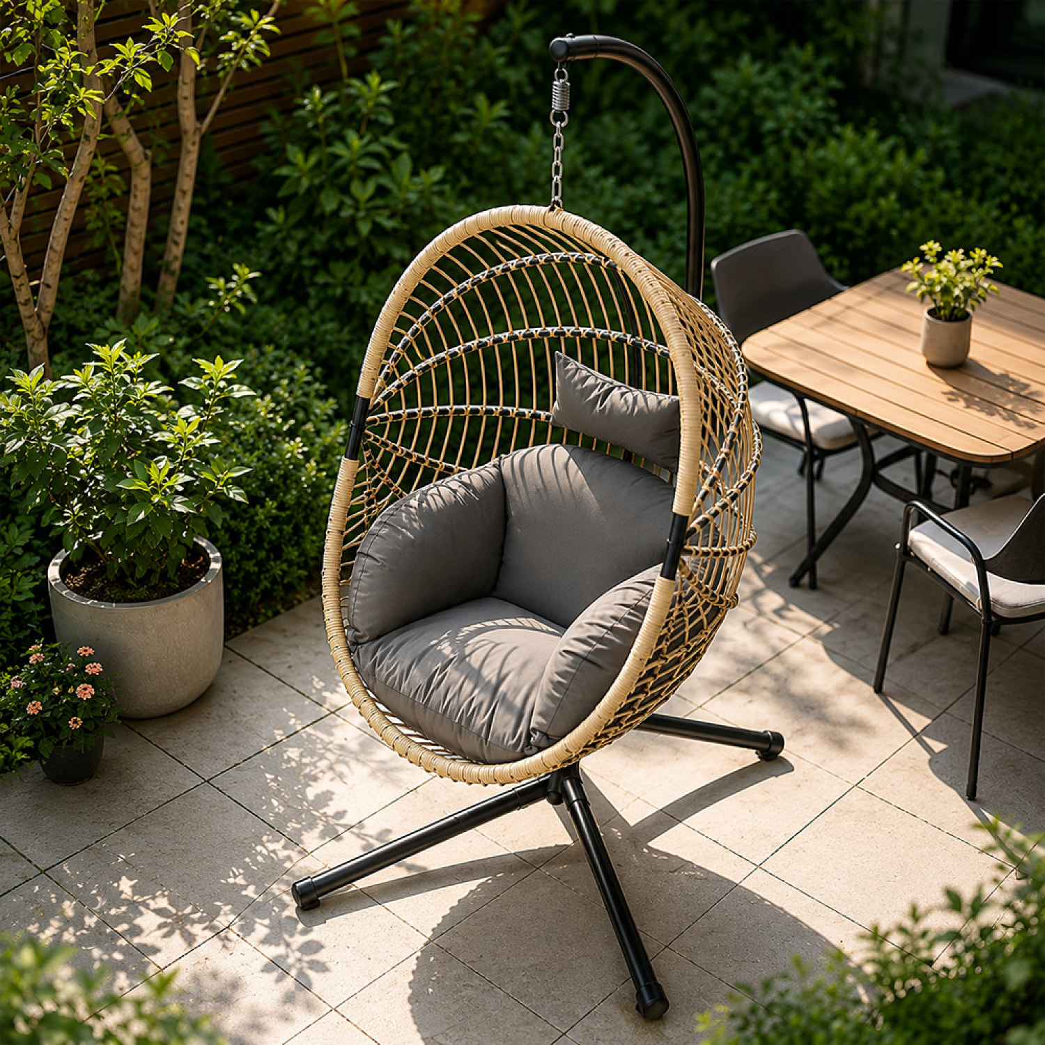 Fauteuil suspendu effet rotin avec coussin gris FLORESTA