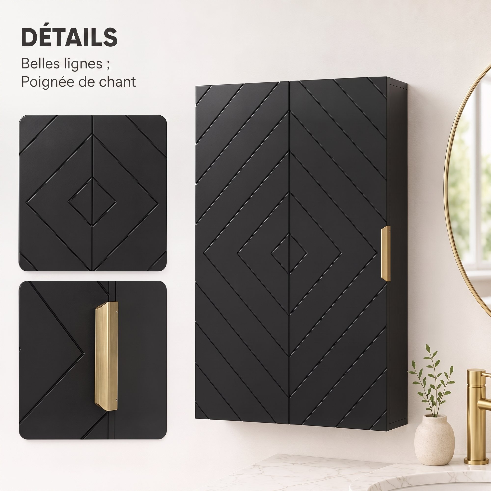 Armoire murale de salle de bain - porte, 2 étagères - poignée métal doré MDF noir