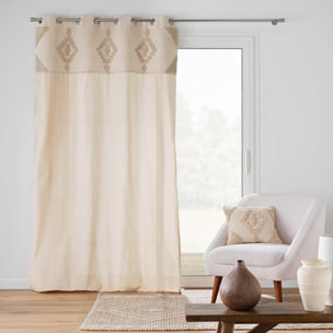 Rideau à œillets en poly-coton avec bande décorative - Naturel