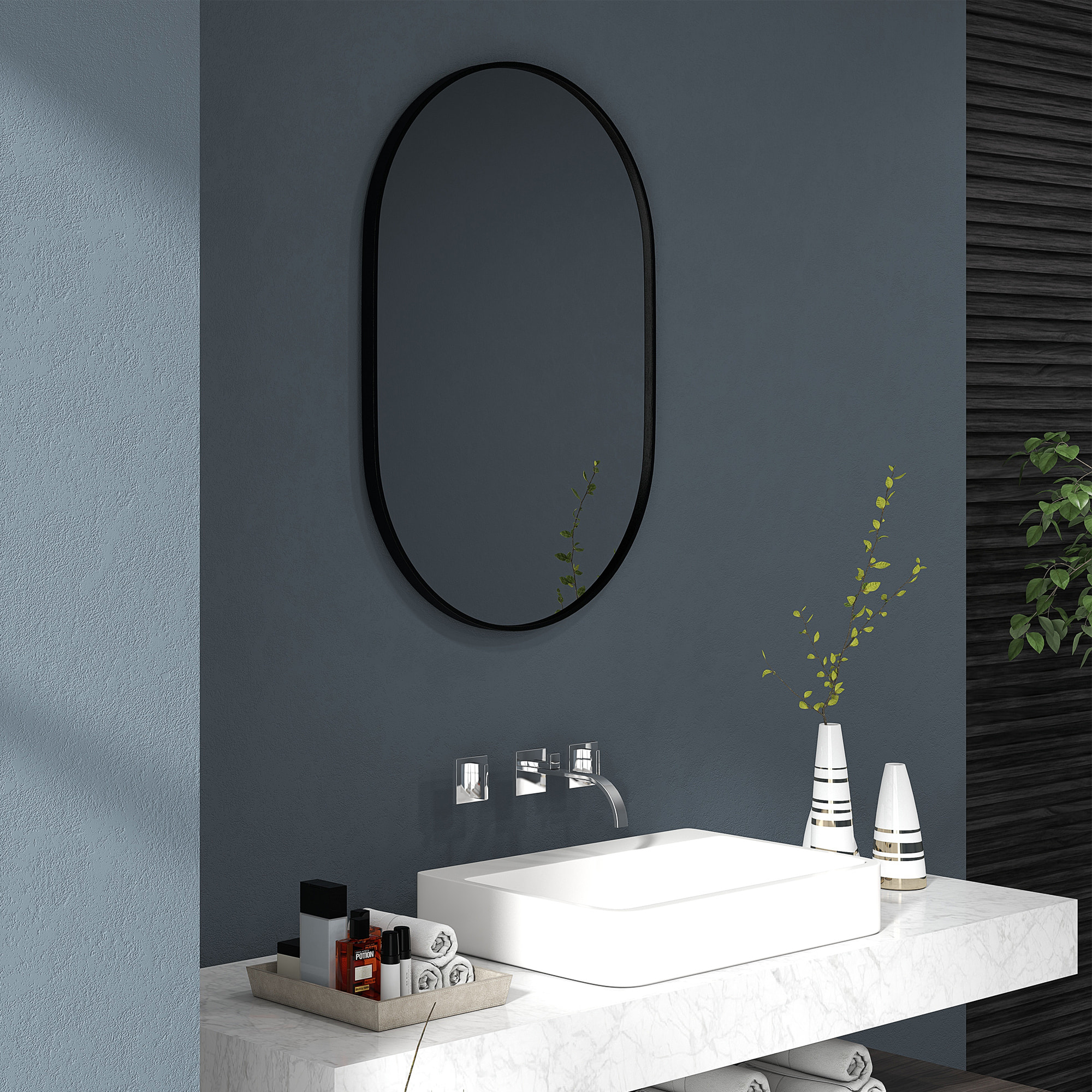 Miroir mural ovale dim. 60L x 90H cm cadre arrondi montage vertical/horizontal alu. noir