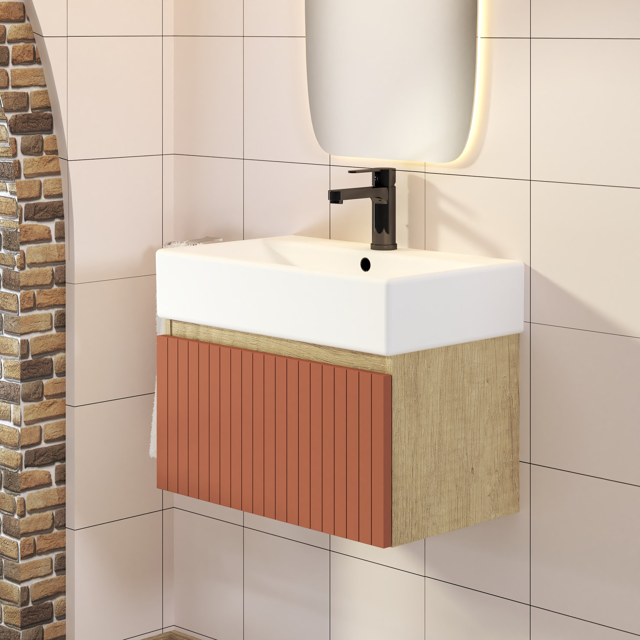 ENSEMBLE DE SALLE DE BAIN ZEL | MEUBLE SUSPENDU | 60 CM ÉCARLATE | UN TIROIR | LAVABO ENCASTRÉ | MIROIR NON INCLUS | MEUBLE MONTÉ | ALDAY