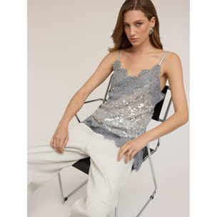 Motivi - Top in tulle con paillettes e pizzo - Grigio