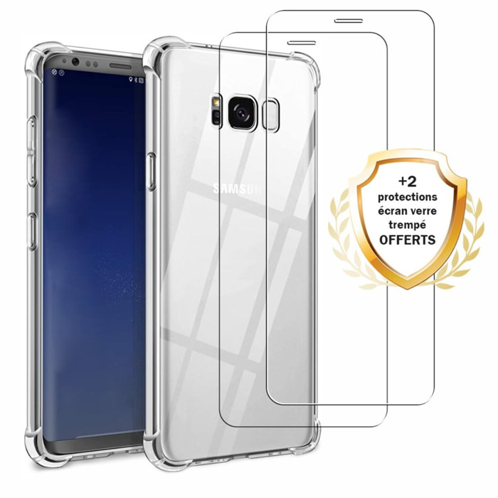 Coque Samsung Galaxy S8 Antichocs Silicone + 2 Vitres en Verre Trempé Protection écran