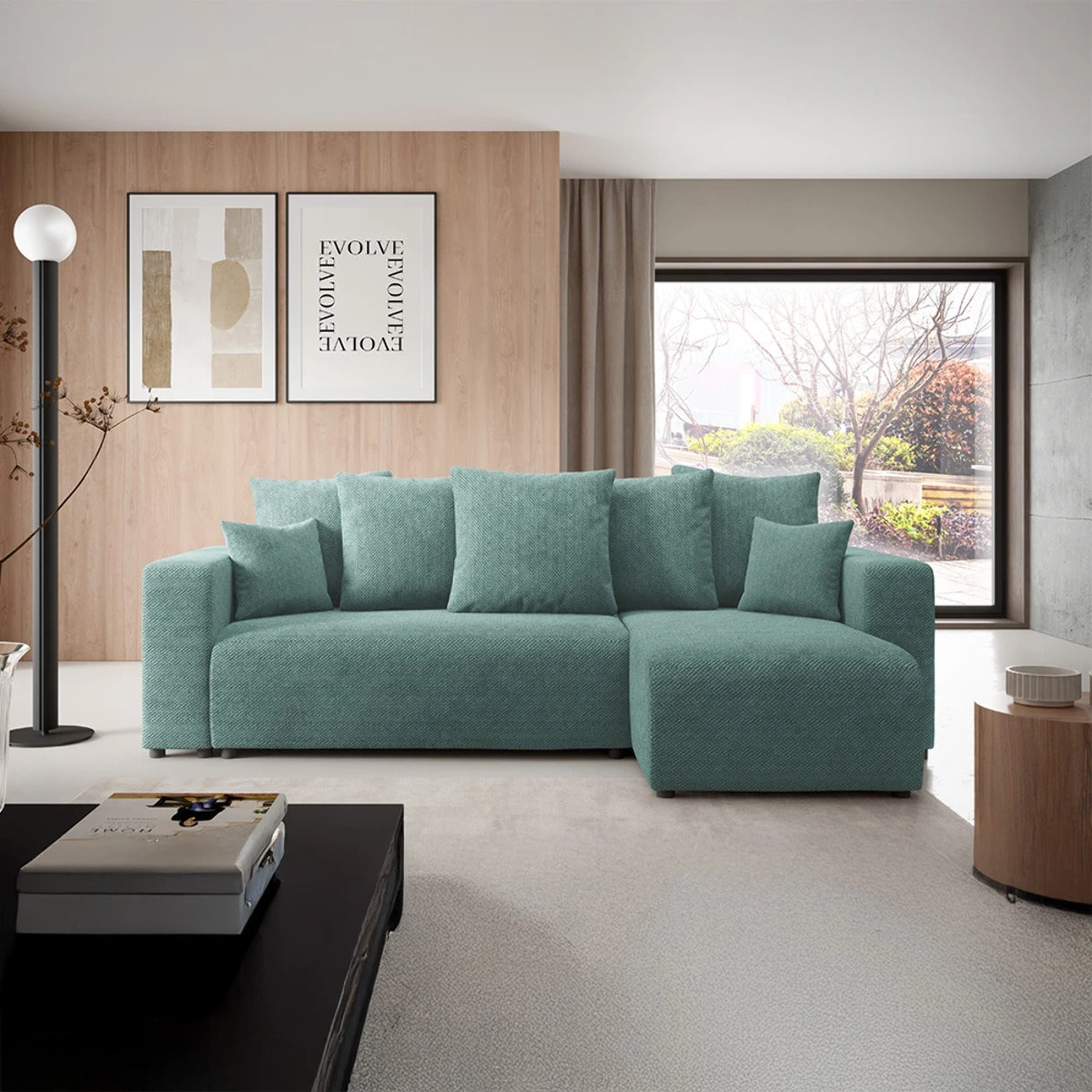 GLORIA - Canapé d'angle droit convertible 4 places en tissu vert d'eau