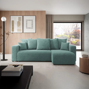 GLORIA - Canapé d'angle droit convertible 4 places en tissu vert d'eau