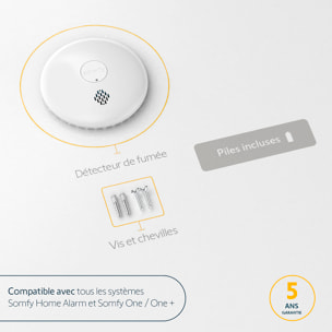 Détecteur de fumée connecté, Sirène 85dB, Compatible Somfy Home Alarm, et Somfy One (+), Blanc