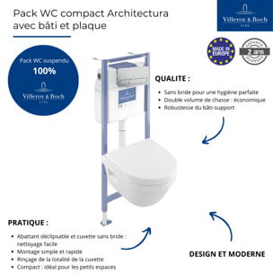 Pack WC sans bride compact Architectura abattant frein de chute + bâti-support Viconnect PRO + plaque chromé mat