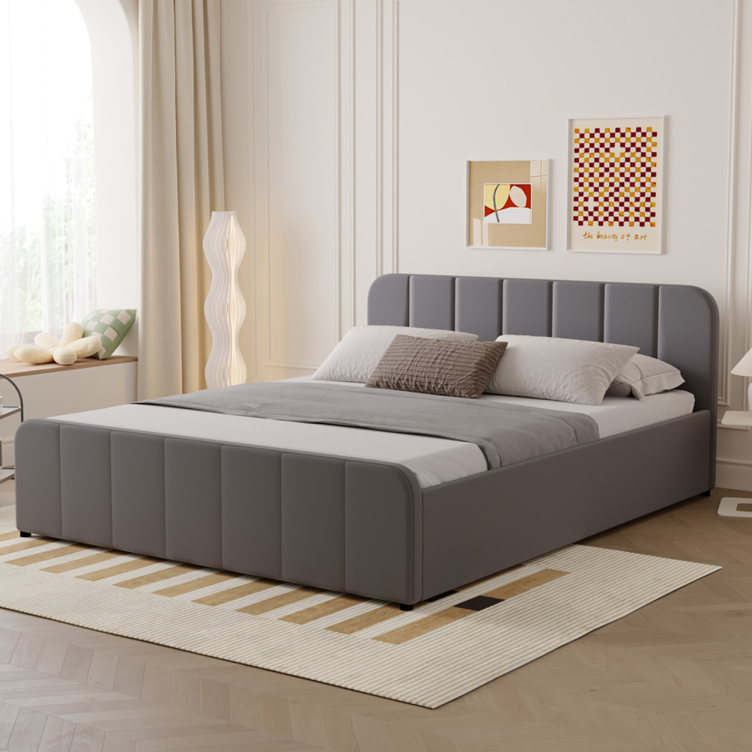 KANSAS Lit avec coffre de rangement 140x190cm en velours gris