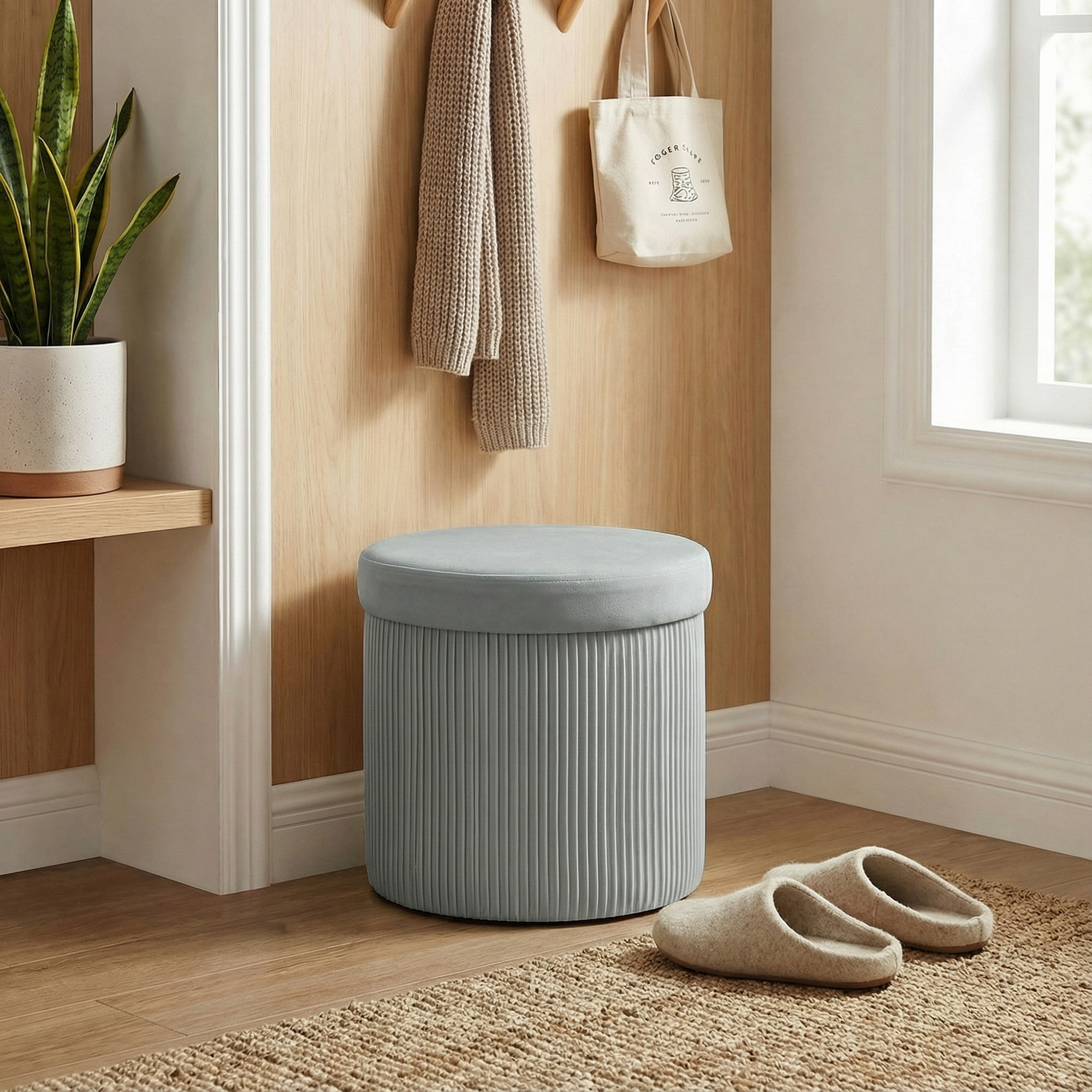 Puff Almacenaje, Banco Almacenaje Plegable, 35 L, 38x38x38 cm, Tapizado en Terciopelo, Baúl de Almacenamiento Redondo, Carga 120 kg, Taburete para Sala de Estar, Dormitorio, Entrada Gris Oscuro