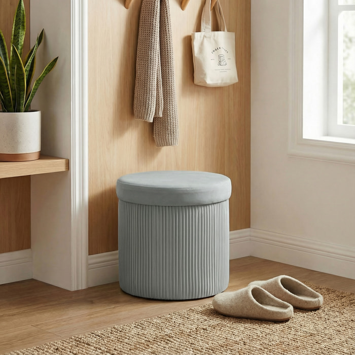 Puff Almacenaje, Banco Almacenaje Plegable, 35 L, 38x38x38 cm, Tapizado en Terciopelo, Baúl de Almacenamiento Redondo, Carga 120 kg, Taburete para Sala de Estar, Dormitorio, Entrada Gris Oscuro