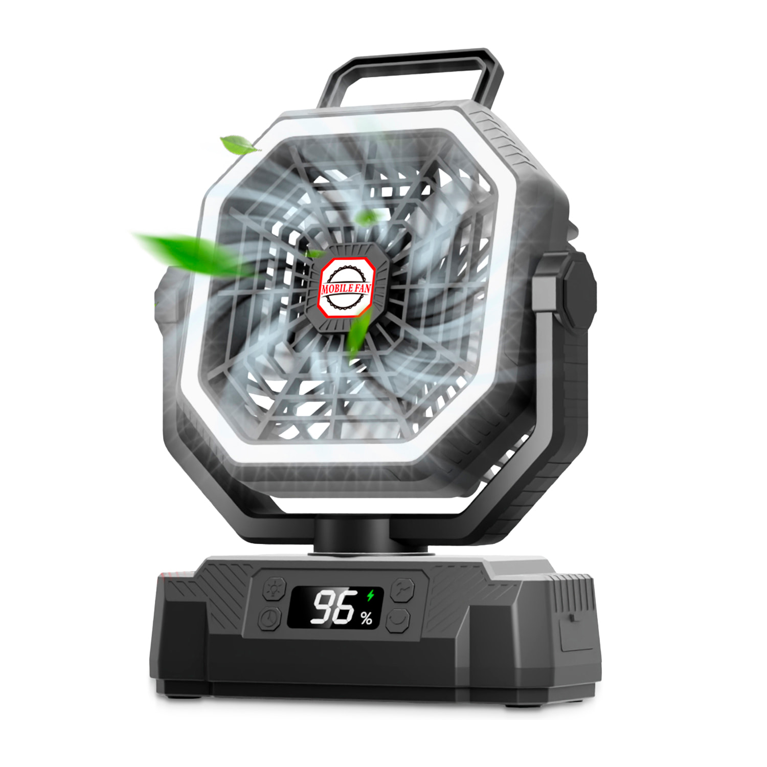 Ventilatore P60 con motore senza spazzole, LED con 32 luci, 5 velocità e 3 livelli di luminosità. Oscillazione di 120° e angolo regolabile di 90°. Con gancio per appendere e powerbank da 20000 mAh.