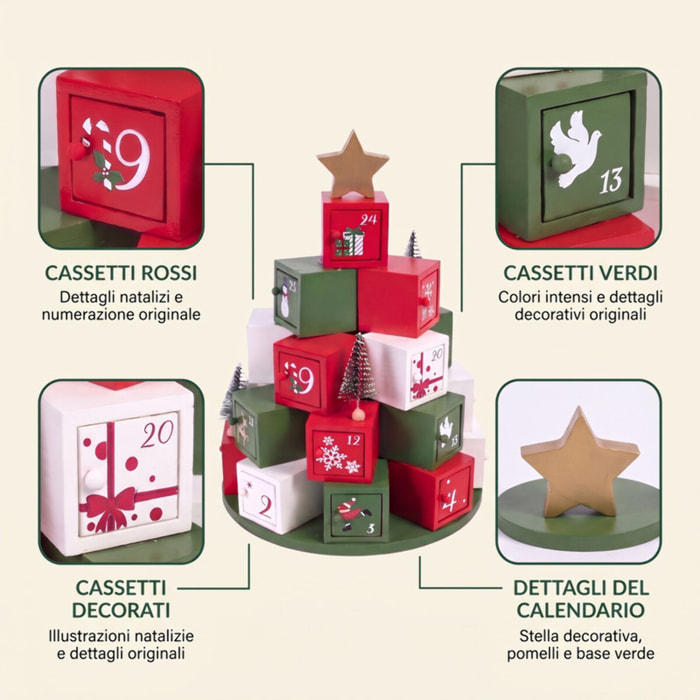 Calendario dell’Avvento a forma di albero con cassetti numerati - Multicolore
