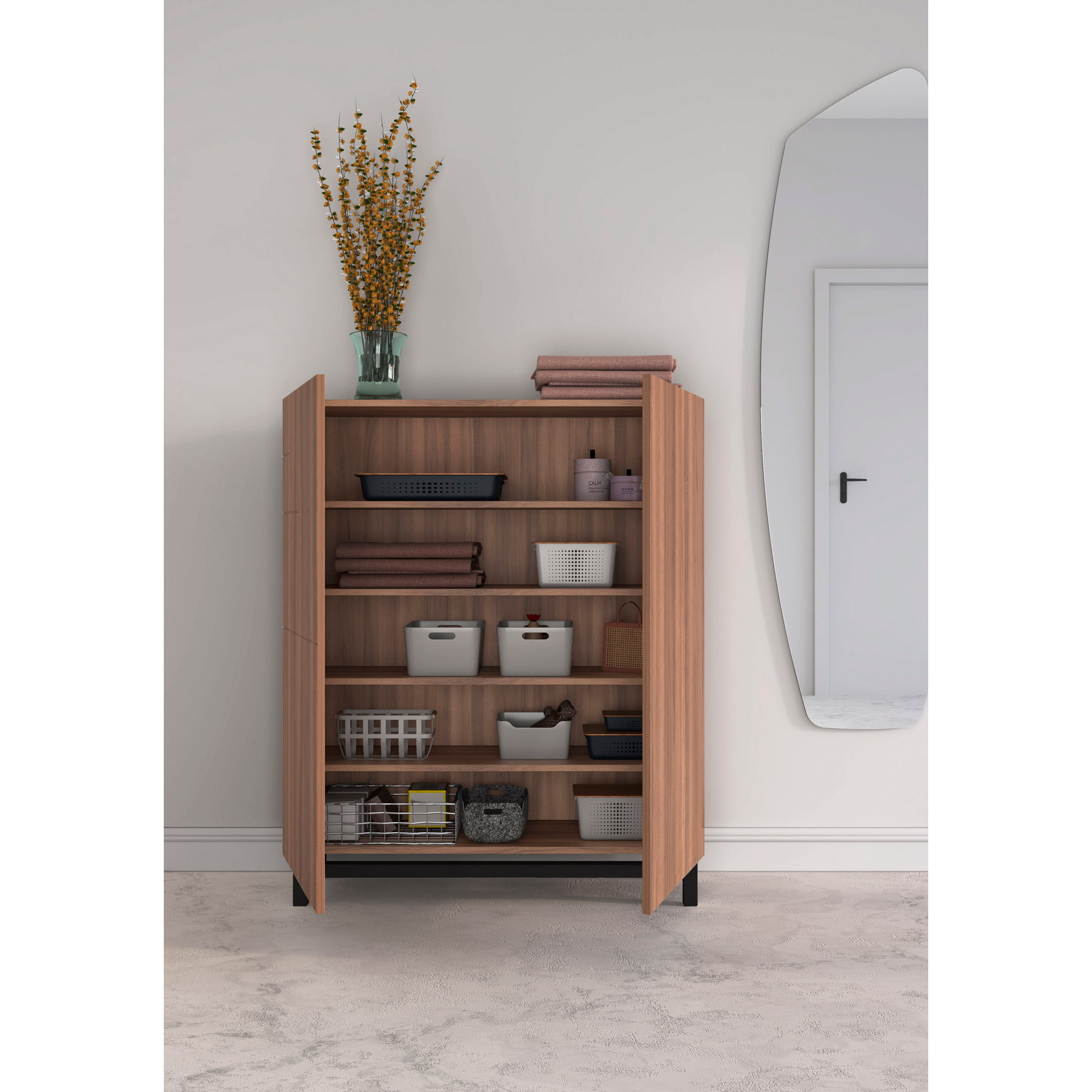 Zapatero melamina Volda nogal patas negro 112x90x27 cm