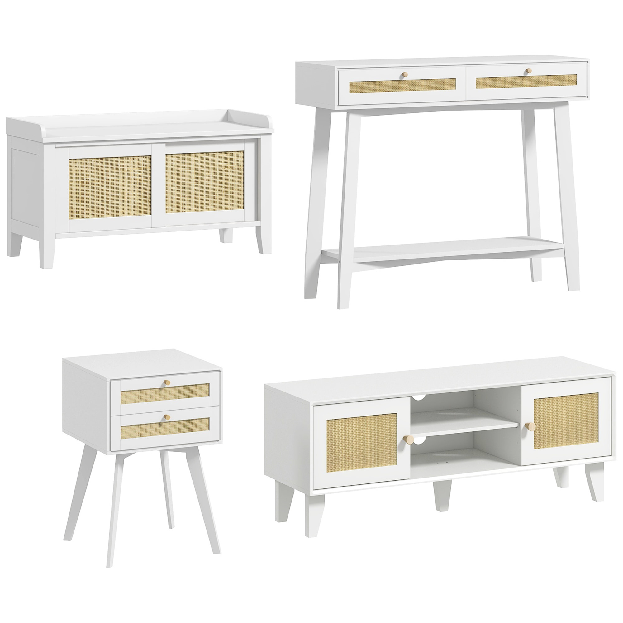 Conjunto para el Hogar Incluye 1 Mueble de TV 1 Mesa Consola 1 Banco Zapatero con Asiento y 1 Mesita Auxiliar con Elemento de Ratán Estilo Bohemio Blanco