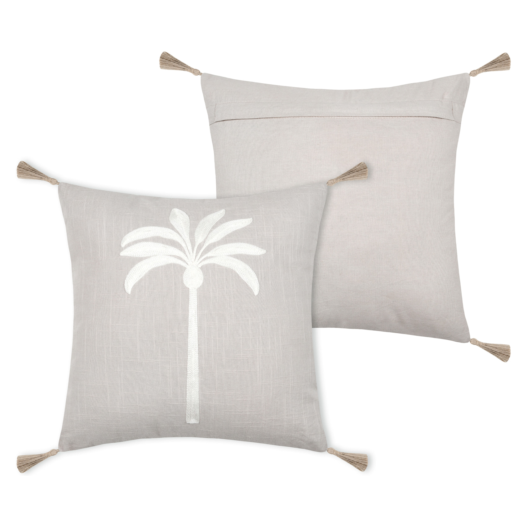 Coussin décoratif brodé motif palmier style tropical - Gris