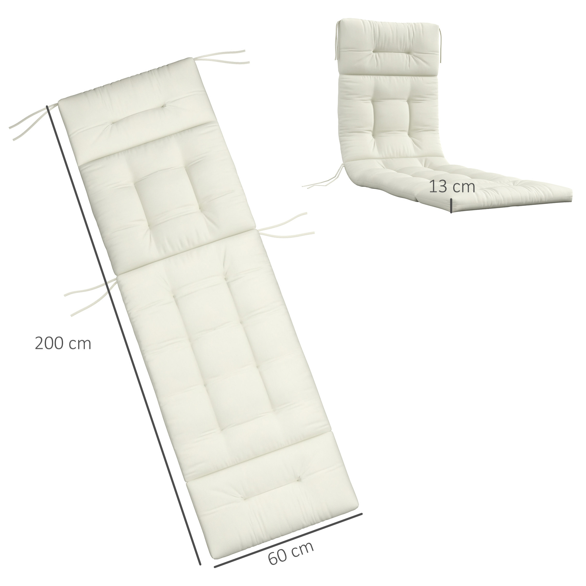 Coussin bain de soleil - coussin matelassé chaise longue - dim. 200L x 60l cm - ép. 13 cm - attaches - polyester crème