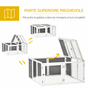 PawHut Conigliera da Esterno e Interno con Tetto Apribile, Gabbia per 2-4 Conigli - Grigia