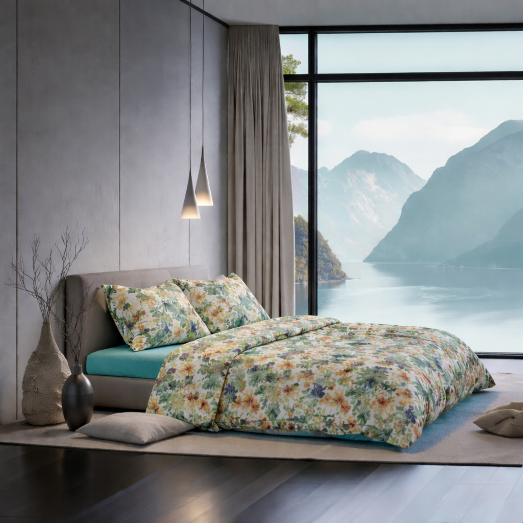 SARTORIALE Completo letto in Percalle Garden_Matrimoniale_Azzurro