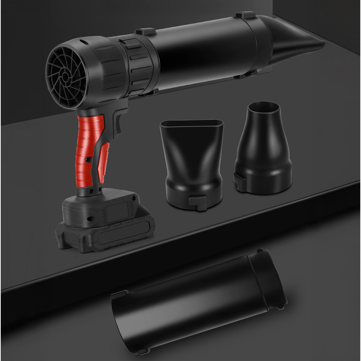 Soplador turbo 21V con 1050W, 15000mAh y 3 boquillas diferentes.