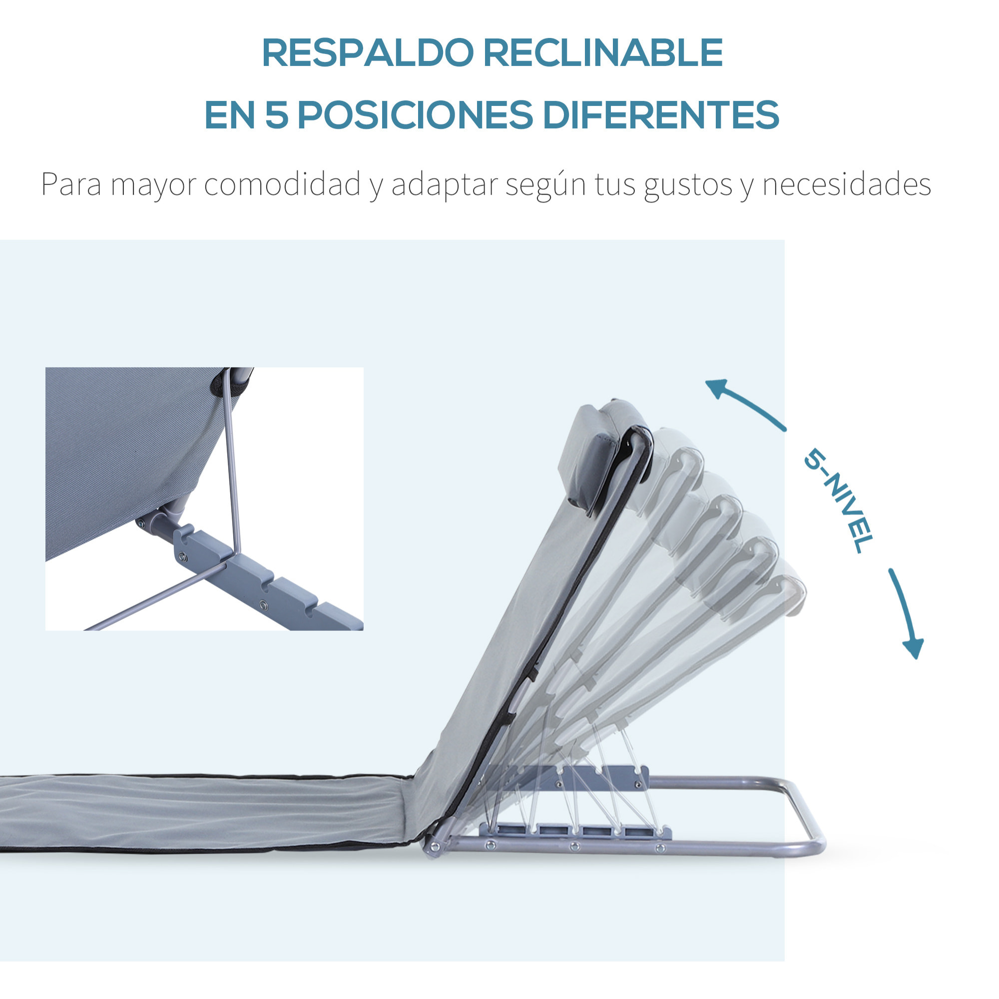 Conjunto de 2 Esterillas de Playa Plegable Esterillas con Respaldo Reclinable en 5 Niveles Reposacabezas y Bolsa de Transporte 134x48x33-43 cm Gris