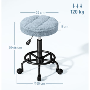Taburete Giratorio Redondo Taburete con Ruedas Altura Regulable 50-66 cm Asiento Tapizado en Tejido de Borreguito para Salones Talleres Spa Masaje Azul