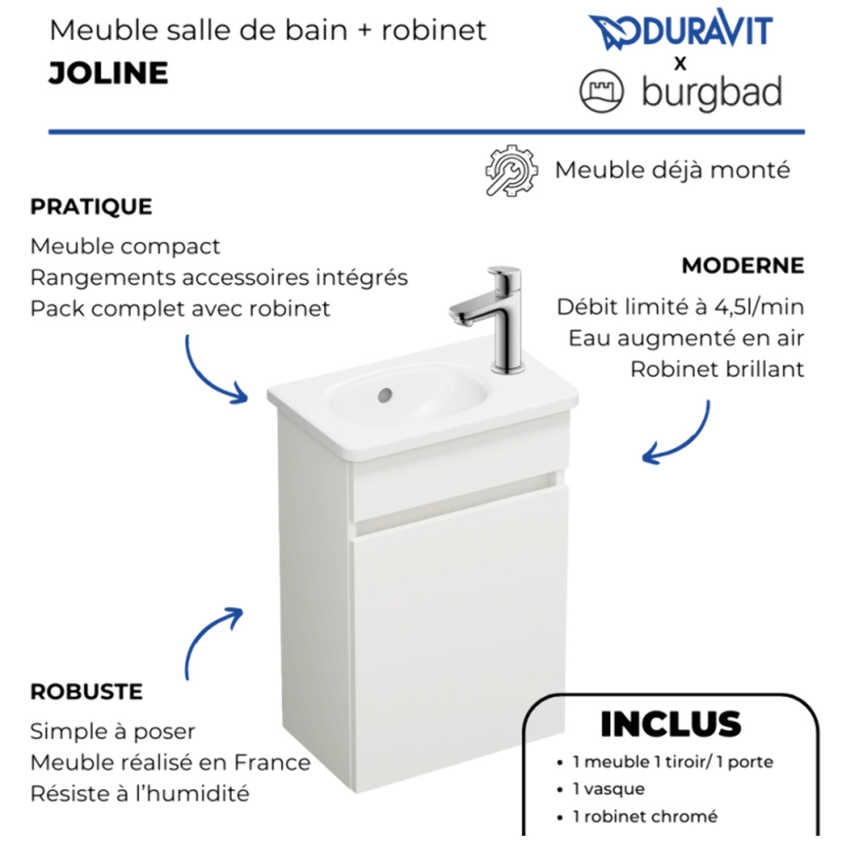 Pack meuble suspendu lave-mains Joline blanc mat + Robinet lave-mains eau froide Duravit Wave Chromé brillant