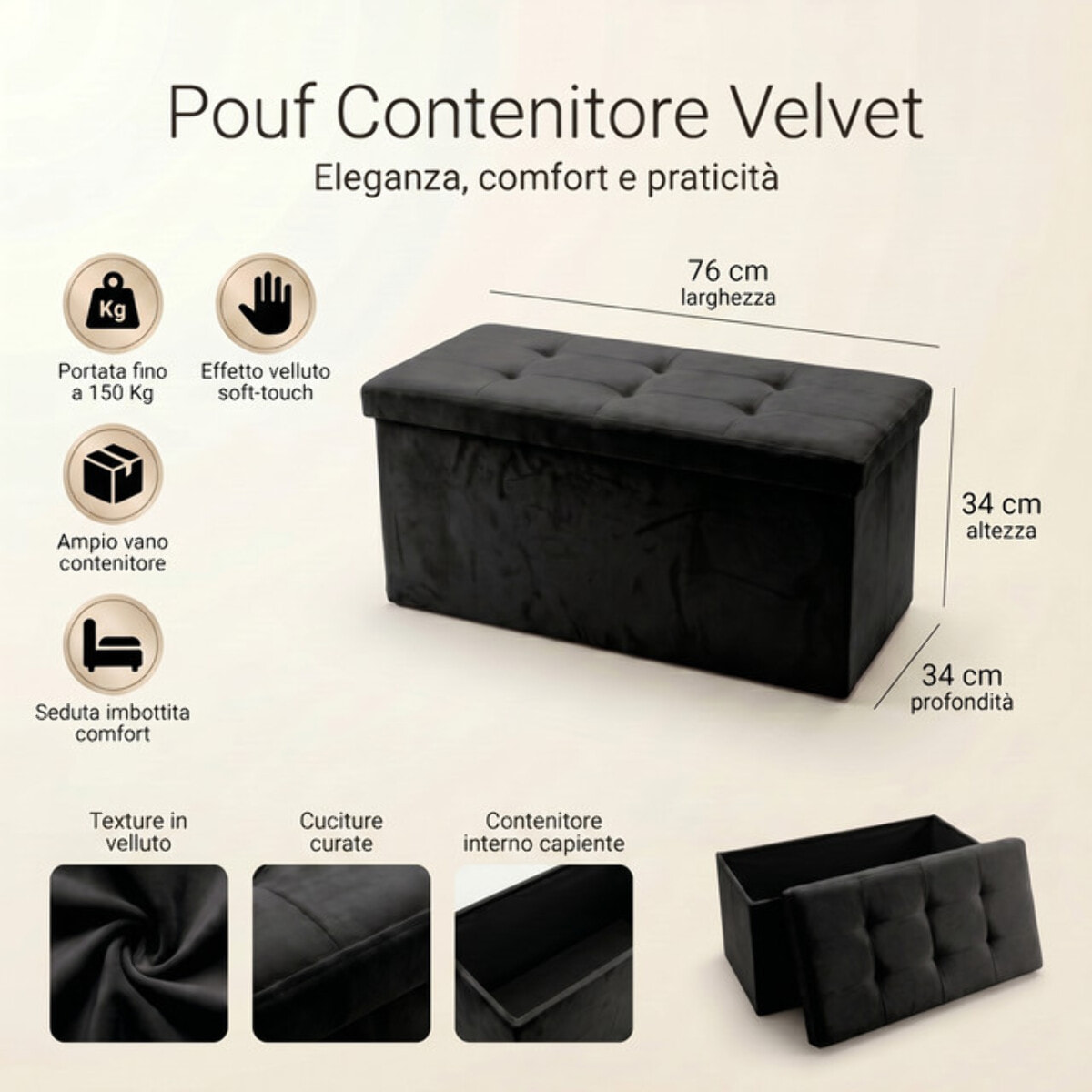 Pouf contenitore in velluto 76x34x34 cm, panca pieghevole con vano capiente, seduta imbottita trapuntata resistente fino a 150 kg, design elegante Double Velvet, salvaspazio ideale per camera soggiorno ingresso e fondo lett