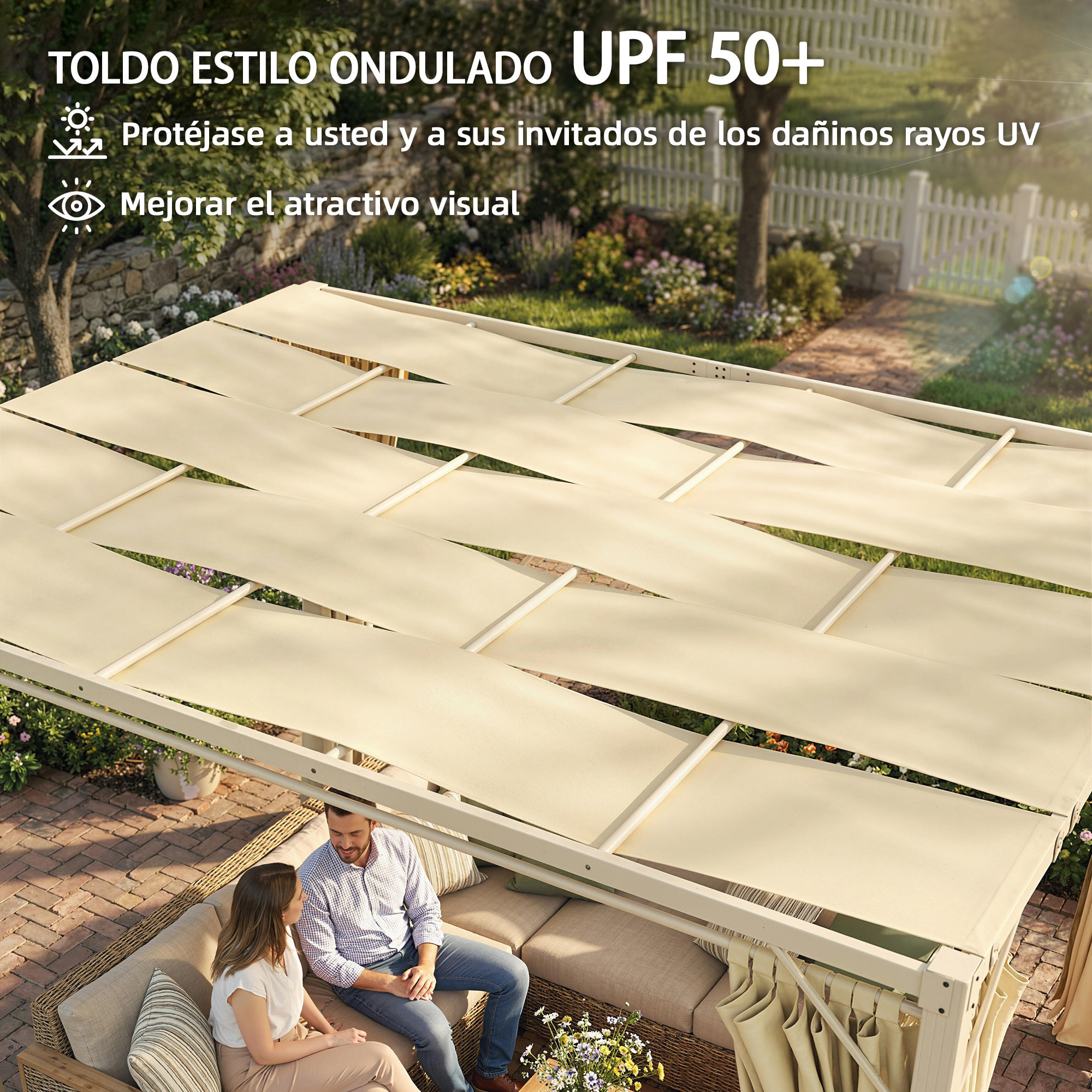 Pérgola de Jardín 3x4 m, Cenador de Jardín con Techo Ondulado, 4 Cortinas Extraíbles, Protección UPF50+ y Estructura de Acero Resistente, Pabellón para Exterior, Patio, Terraza, Beige