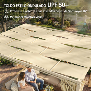 Pérgola de Jardín 3x4 m, Cenador de Jardín con Techo Ondulado, 4 Cortinas Extraíbles, Protección UPF50+ y Estructura de Acero Resistente, Pabellón para Exterior, Patio, Terraza, Beige