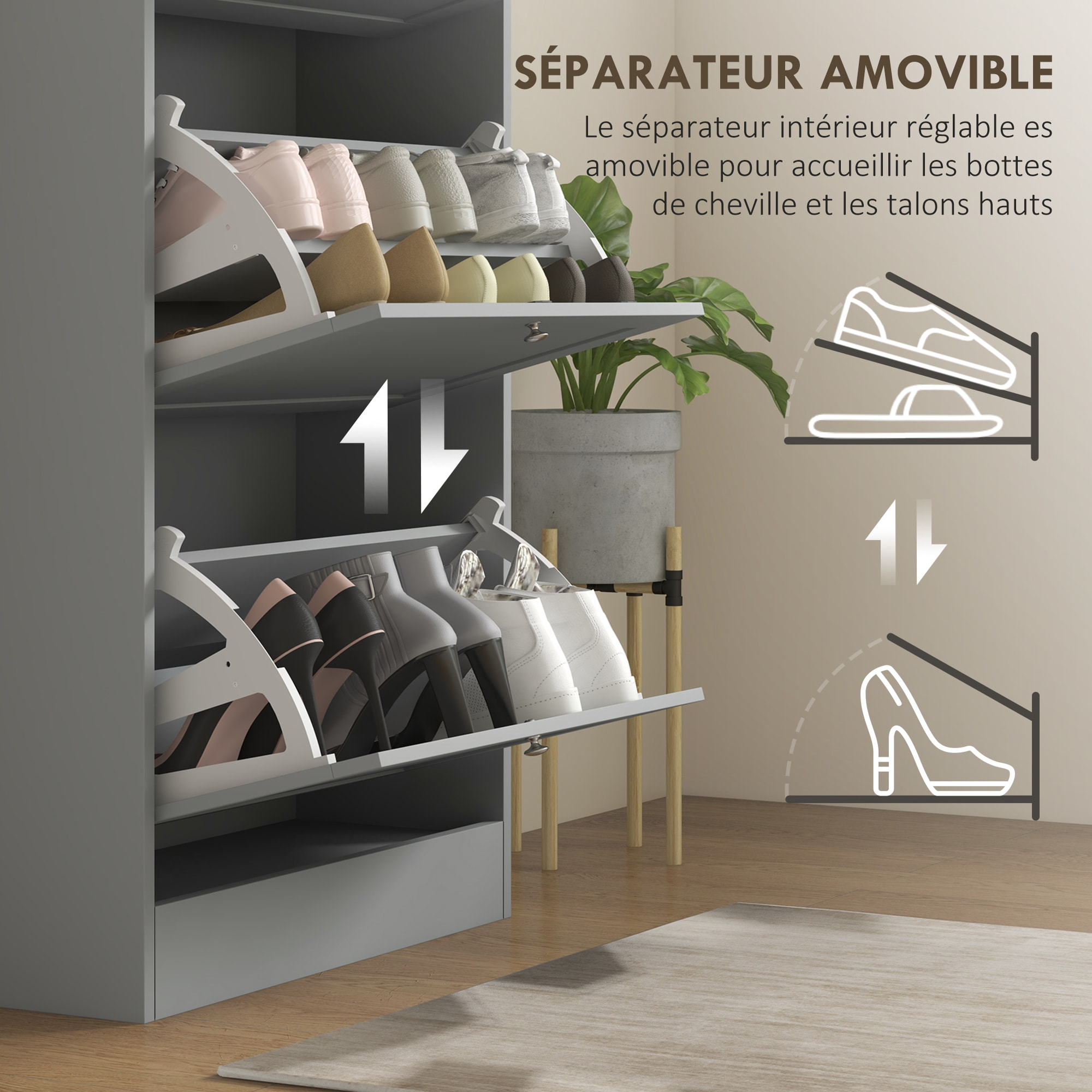 Meuble à chaussures 3 portes battantes style classique chic gris effet bois clair