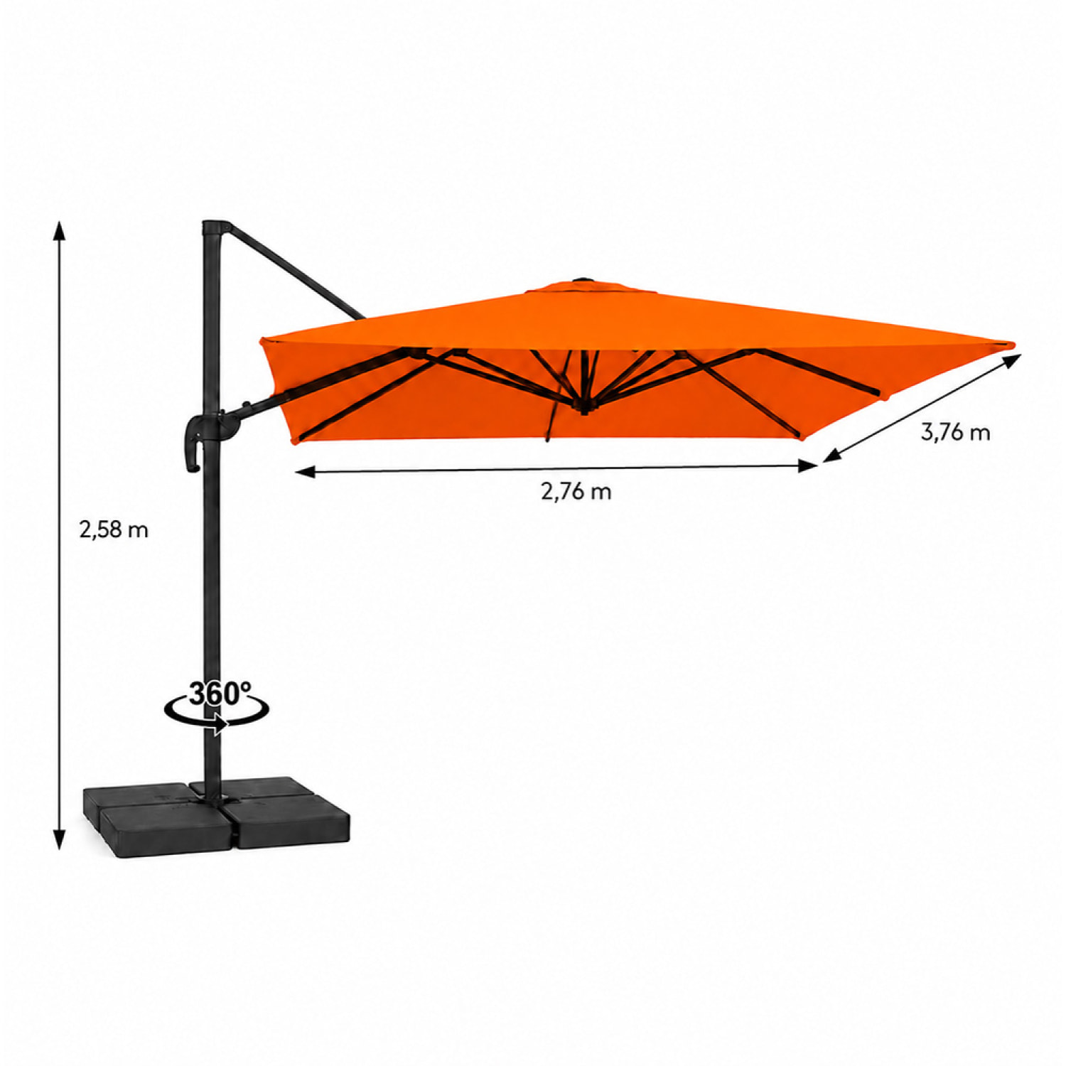Parasol rectangulaire 3x4 déporté rotatif orange en aluminium GHAZIE