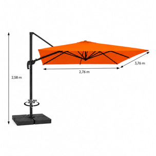 Parasol rectangulaire 3x4 déporté rotatif orange en aluminium GHAZIE