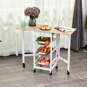 Carrito de Cocina Plegable Carrito Auxiliar con 6 Ruedas 1 Cajón y 3 Cesta de Metal Carro de Servicio Multifuncional para Almacenamiento Carga 50 kg 97,2x37x77,5 cm Blanco y Roble