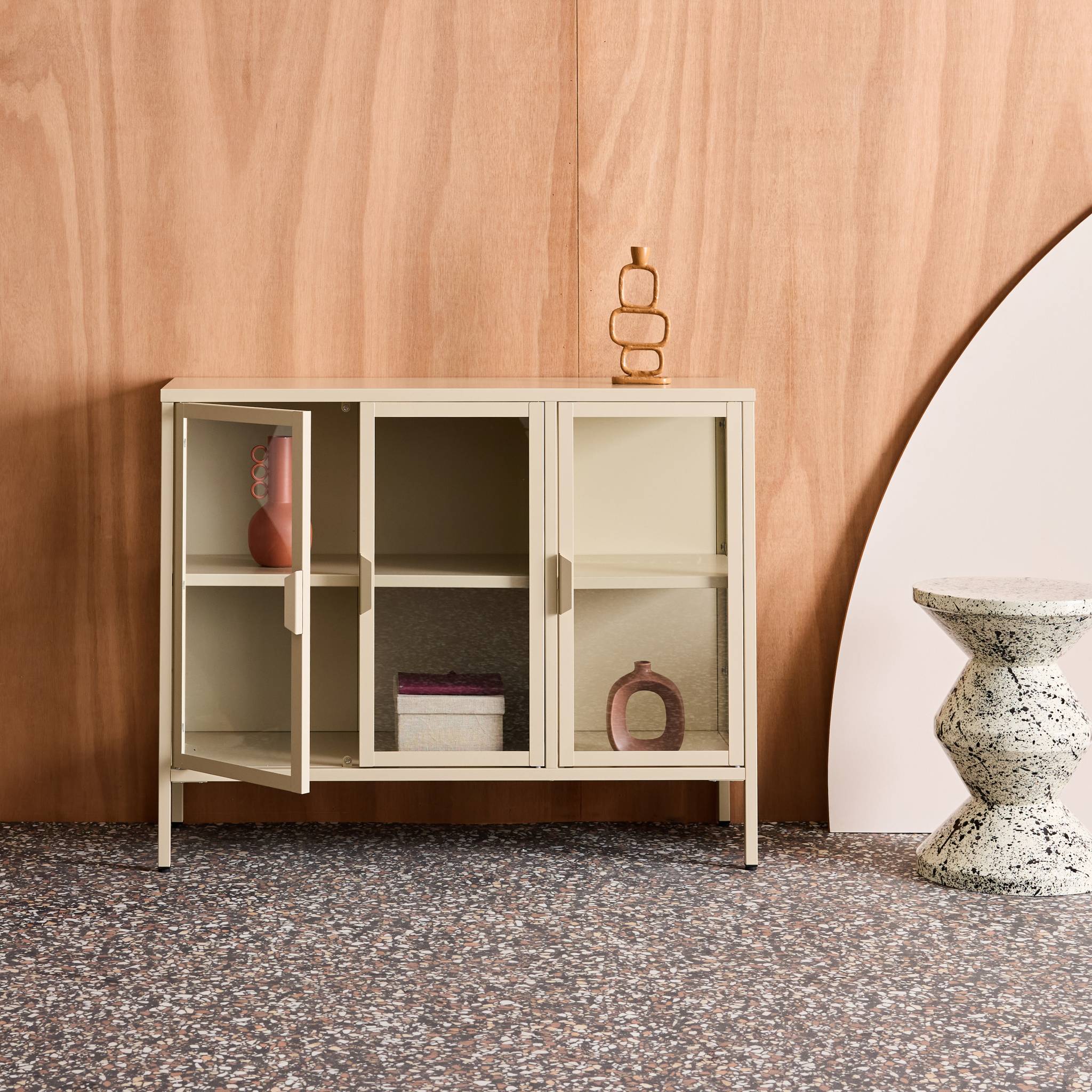 Buffet industriel métal et verre trempé 3 portes 100cm ARKANSAS