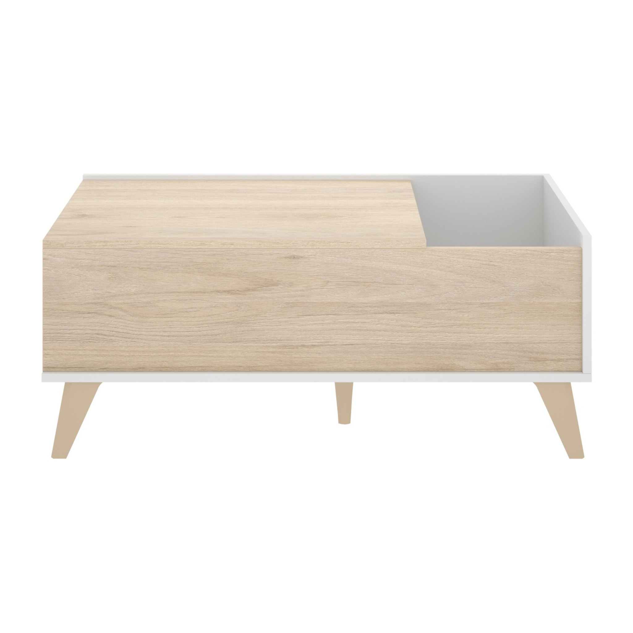 Tavolino da salotto Alexius, Porta riviste da soggiorno con vano portaoggetti, Tavolo basso da caffè elevabile, 99x60h41 cm, Rovere e Bianco
