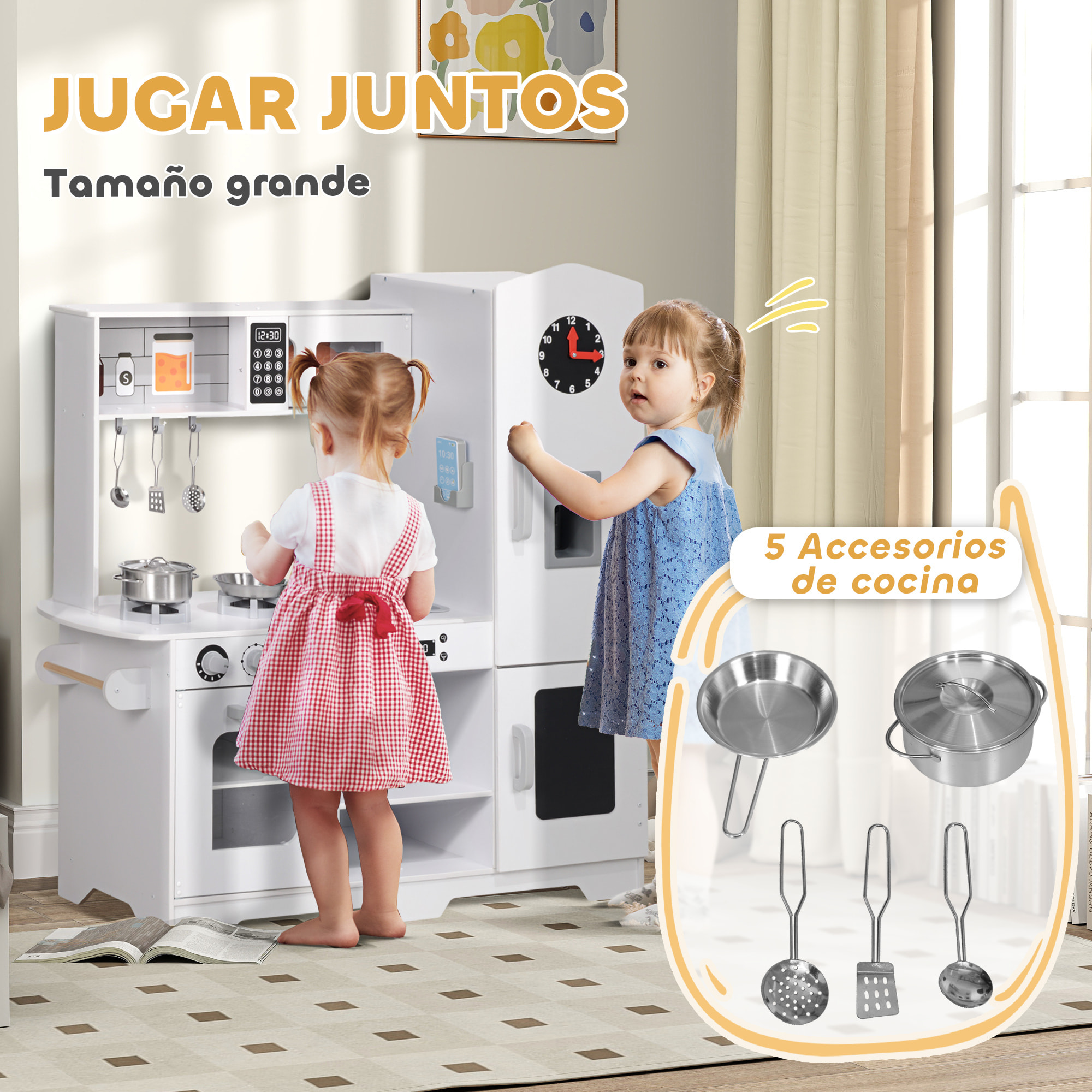 Cocina de Juguete para Niños +3 Años Cocina de Madera Infantil Cocinita Infantil con Fogón Grifo Fregadero Microondas Reloj Máquina de Hielo y Accesorios de Cocina Blanco