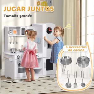 Cocina de Juguete para Niños +3 Años Cocina de Madera Infantil Cocinita Infantil con Fogón Grifo Fregadero Microondas Reloj Máquina de Hielo y Accesorios de Cocina Blanco