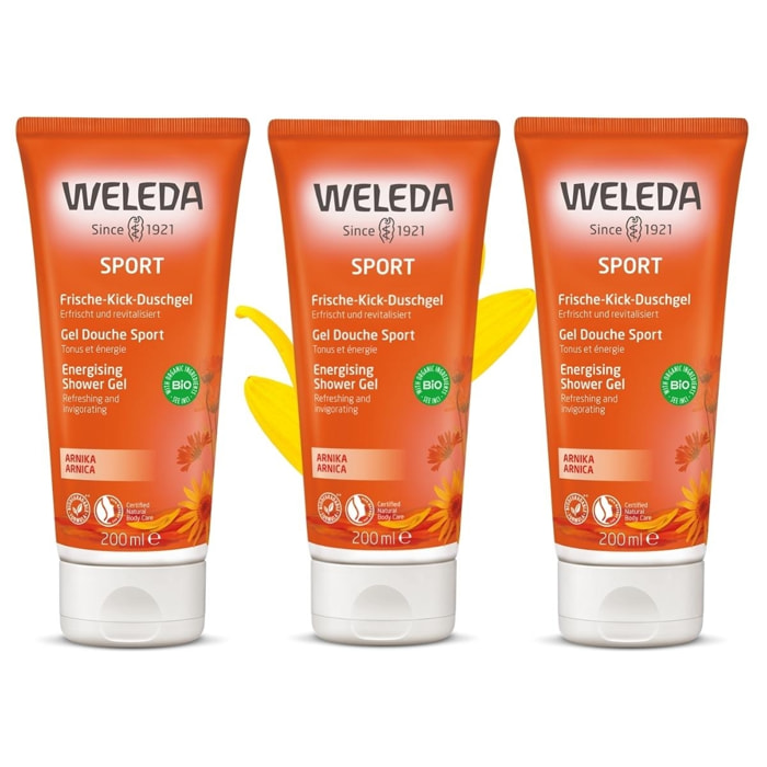 WELEDA - Trio Gel douche sport à l'Arnica - Tonus et énergie -  Vegan* - Certifié Natrue** - Tube 200 ml x 3